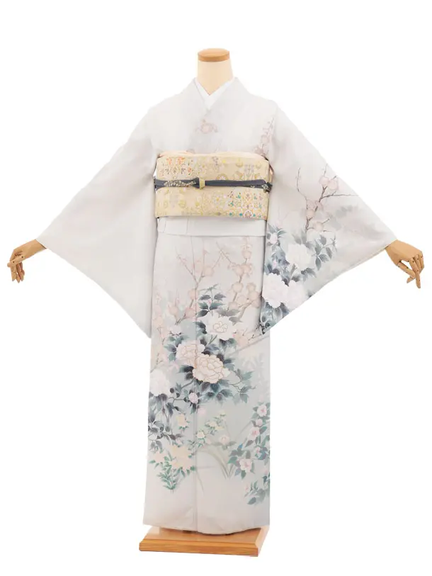 訪問着tt1713(トールサイズ)淡グレー 牡丹と梅