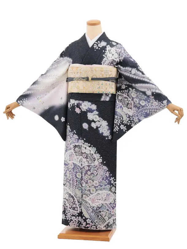 訪問着t1724 紺ラメ 辻が花調 扇