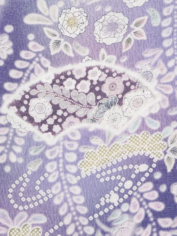 訪問着t1725 パープルラメ 辻が花調 扇