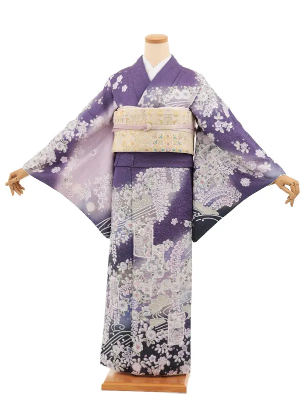 訪問着tt1729(トールサイズ)パープルラメ 辻が花調 色紙文