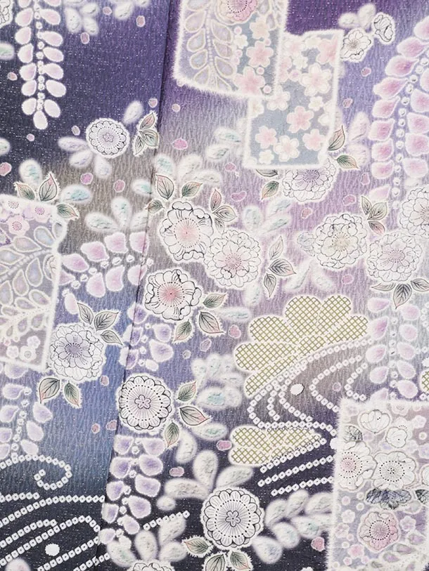 訪問着tt1729(トールサイズ)パープルラメ 辻が花調 色紙文