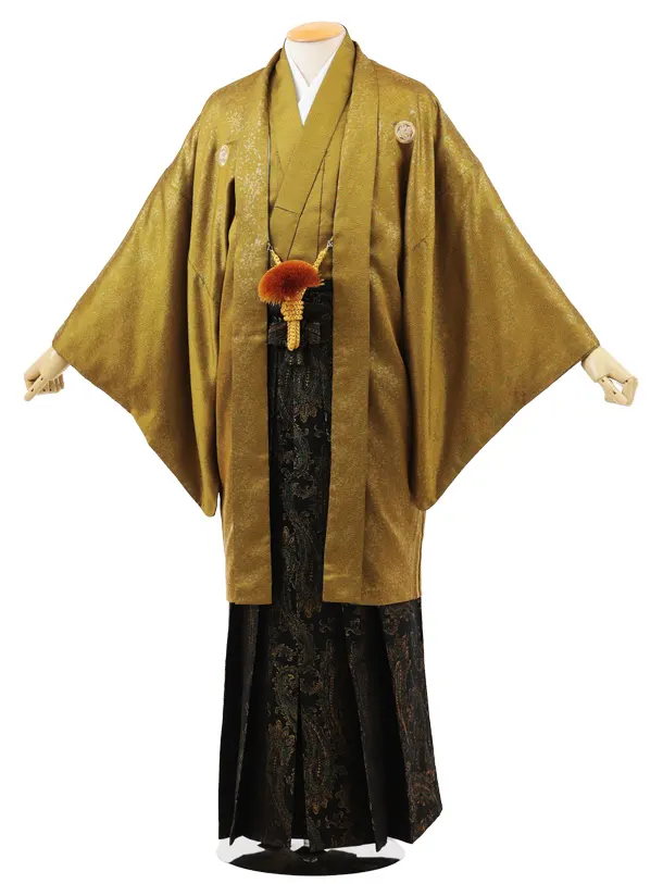 男性袴ﾚﾝﾀﾙ0300  からし色紋服×黒金緑ペイズリー