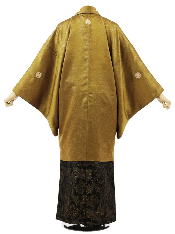 男性袴ﾚﾝﾀﾙ0300  からし色紋服×黒金緑ペイズリー