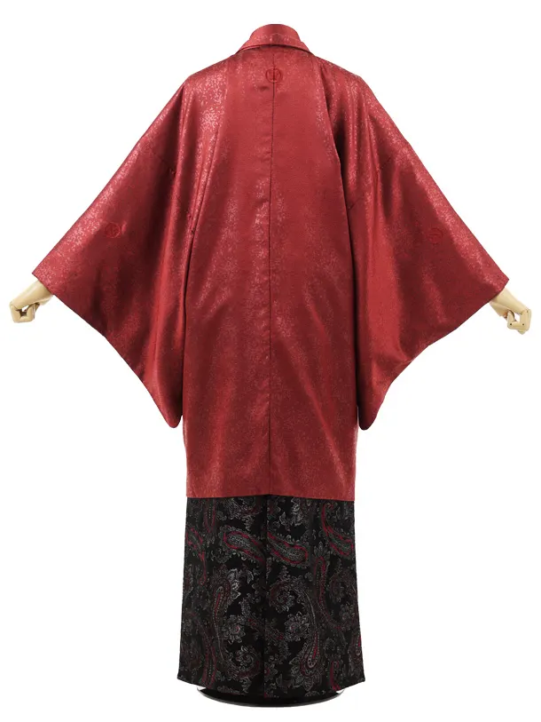 男性袴ﾚﾝﾀﾙ0303  えび茶紋服×黒銀赤ペイズリー