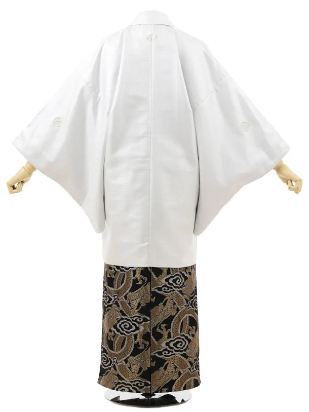 男性袴ﾚﾝﾀﾙ0304  ホワイトシルバー亀甲紋服×黒金龍