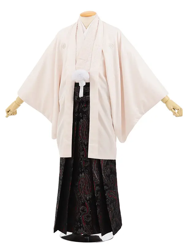 男性袴ﾚﾝﾀﾙ0308  ピンククリーム紋服×黒赤ペイズリー