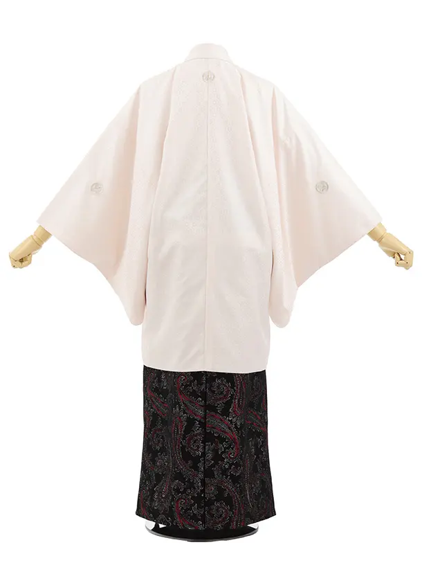 男性袴ﾚﾝﾀﾙ0310  ピンククリーム紋服×黒赤ペイズリー