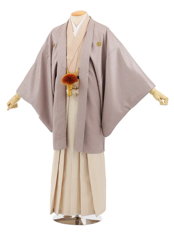 男性袴ﾚﾝﾀﾙ0311  グレージュラメ紋服×ベージュシルバー