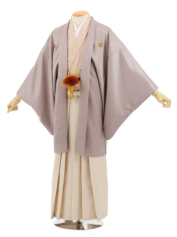 男性袴ﾚﾝﾀﾙ0313  グレージュラメ紋服×ベージュシルバー