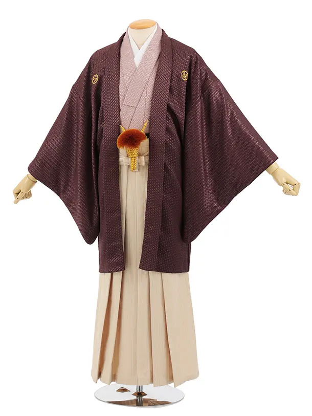 男性袴ﾚﾝﾀﾙ0319  ブラウンラメ紋服×ベージュゴールド