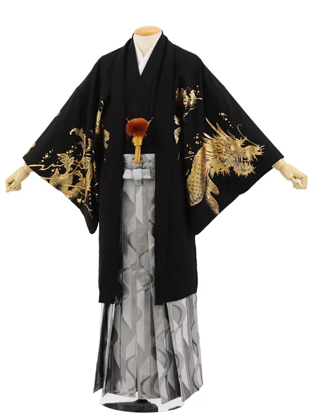 男性袴ﾚﾝﾀﾙ0339  黒 金彩 唐草に龍 × 白銀