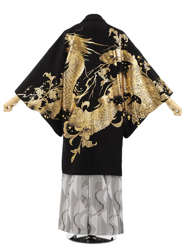 男性袴ﾚﾝﾀﾙ0339  黒 金彩 唐草に龍 × 白銀