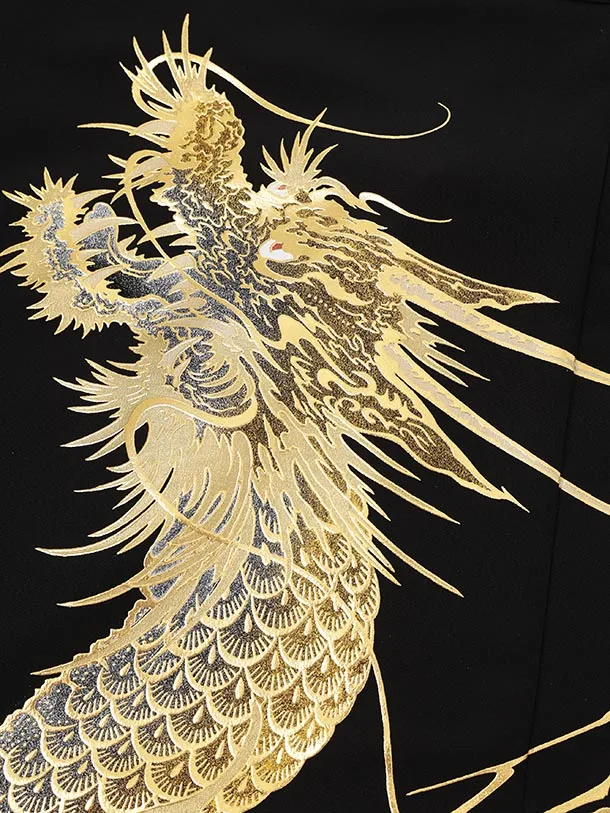 男性袴ﾚﾝﾀﾙ0339  黒 金彩 唐草に龍 × 白銀