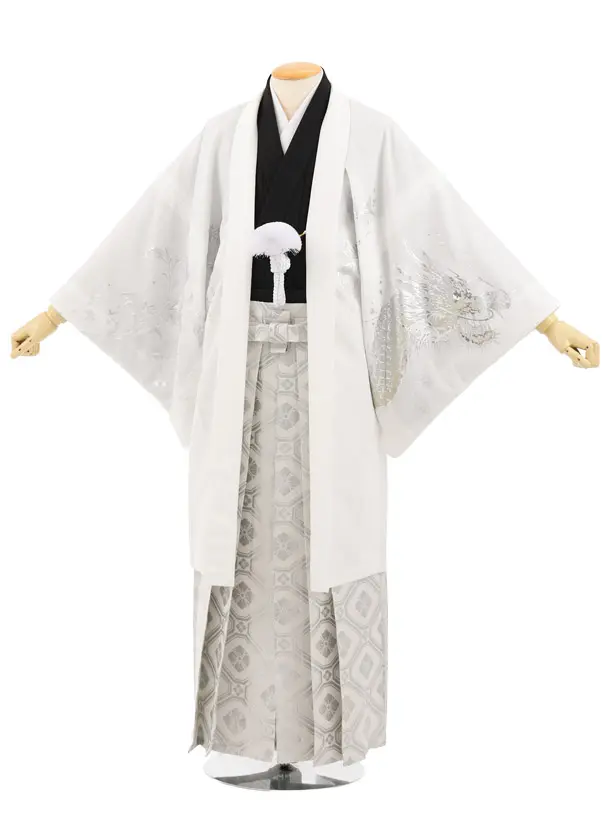 男性袴ﾚﾝﾀﾙ0340  白 銀彩 唐草に龍 × 白銀