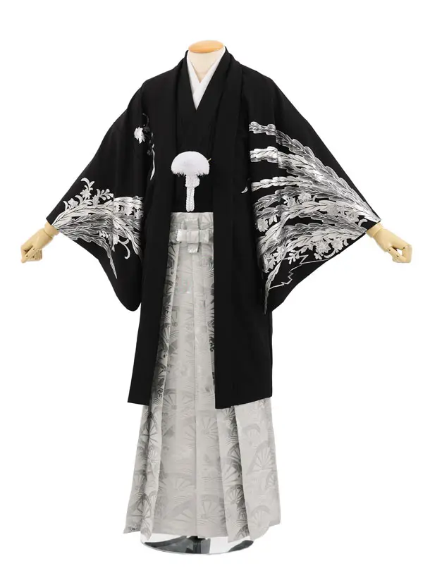 男性袴ﾚﾝﾀﾙ0341  黒 銀彩 花唐草に鳳凰 × 白銀