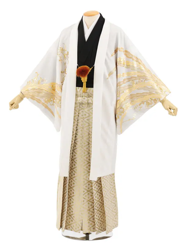 男性袴ﾚﾝﾀﾙ0342  白 金彩 花唐草に鳳凰 × 白金
