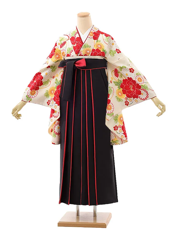 卒業袴レンタルh961 クリーム地ぼたん×黒赤袴