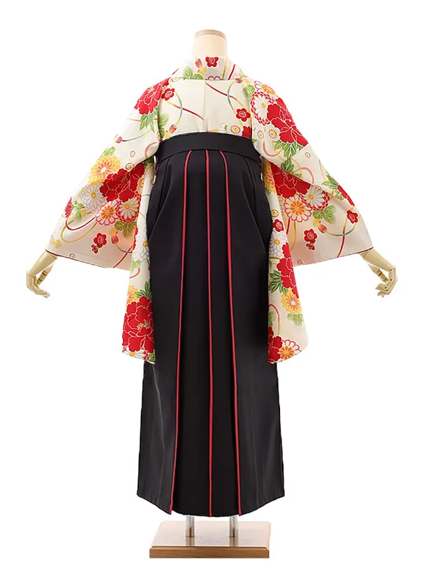 卒業袴レンタルh961 クリーム地ぼたん×黒赤袴