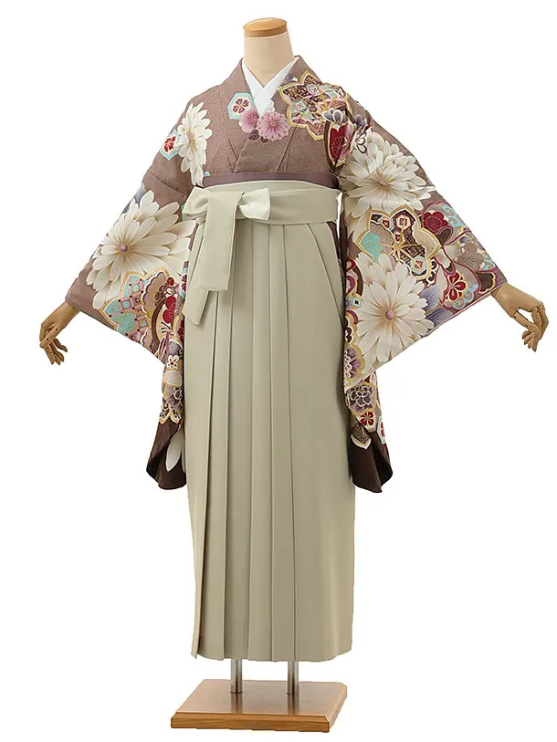 卒業式袴レンタル1275 モカ茶もみじ菊xグレージュ