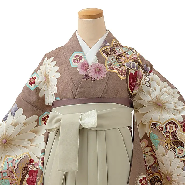 卒業式袴レンタル1275 モカ茶もみじ菊xグレージュ