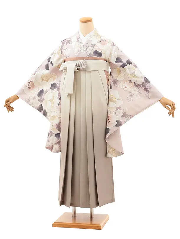 卒業袴T071　ピンクベージュ花×ベージュぼかし