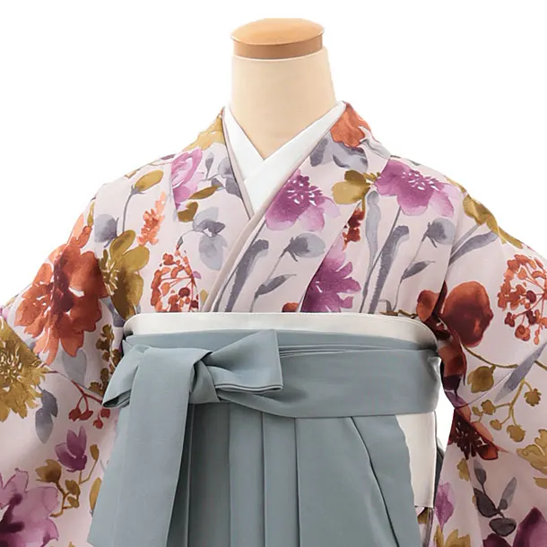 卒業袴T088　薄パープル水彩花×グレー