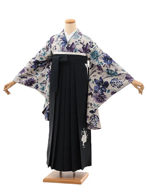 卒業袴T091　薄グレージュ水彩花×紺