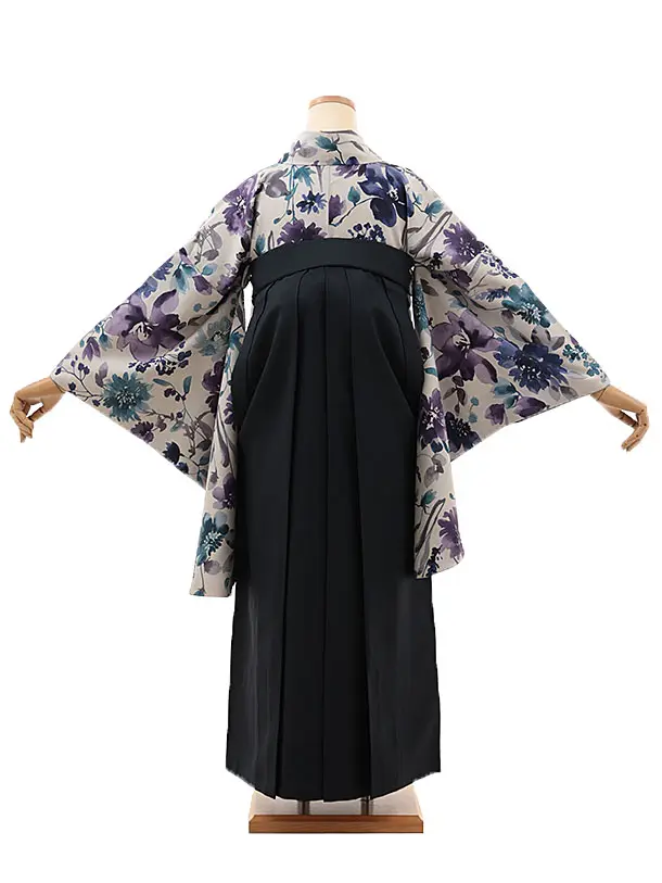 卒業袴T091　薄グレージュ水彩花×紺