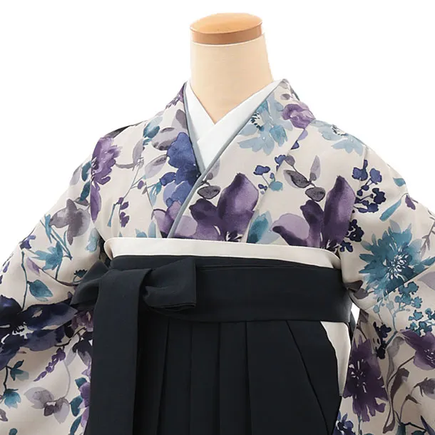 卒業袴T091　薄グレージュ水彩花×紺