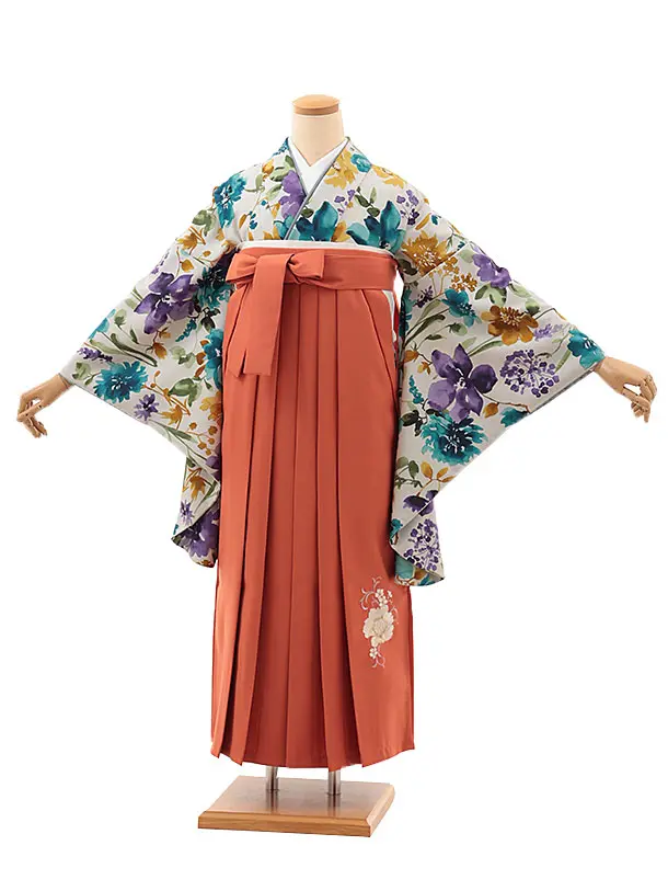 卒業袴T093　薄グレー水彩花×オレンジ
