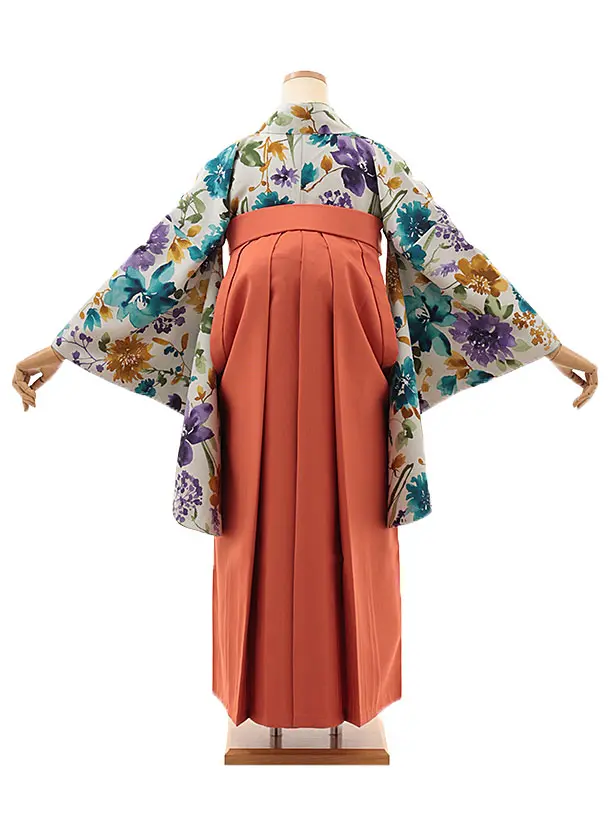 卒業袴T093　薄グレー水彩花×オレンジ