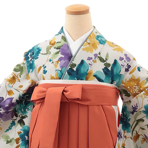 卒業袴T093　薄グレー水彩花×オレンジ