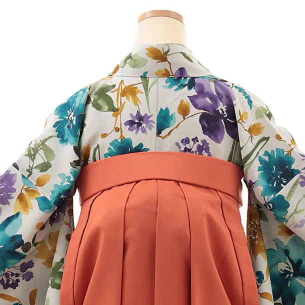 卒業袴T093　薄グレー水彩花×オレンジ