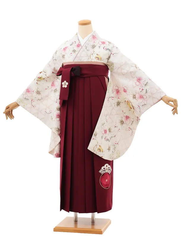 卒業袴T099　JAPAN STYLE オフ白花×ボルドー