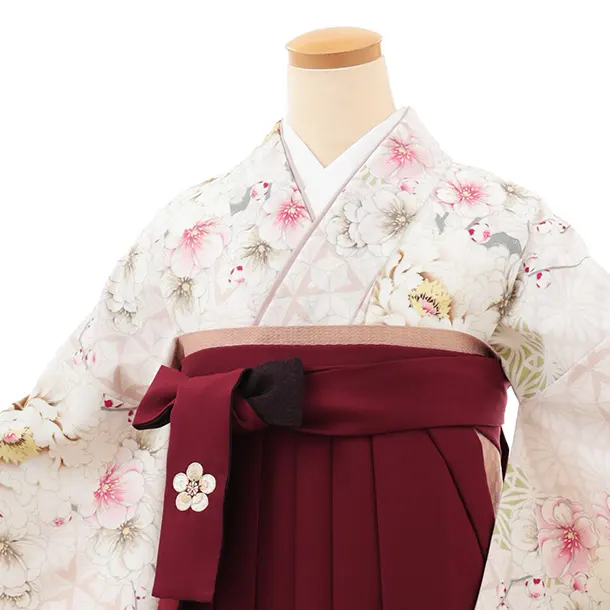 卒業袴T100　JAPAN STYLE オフ白花×ボルドー