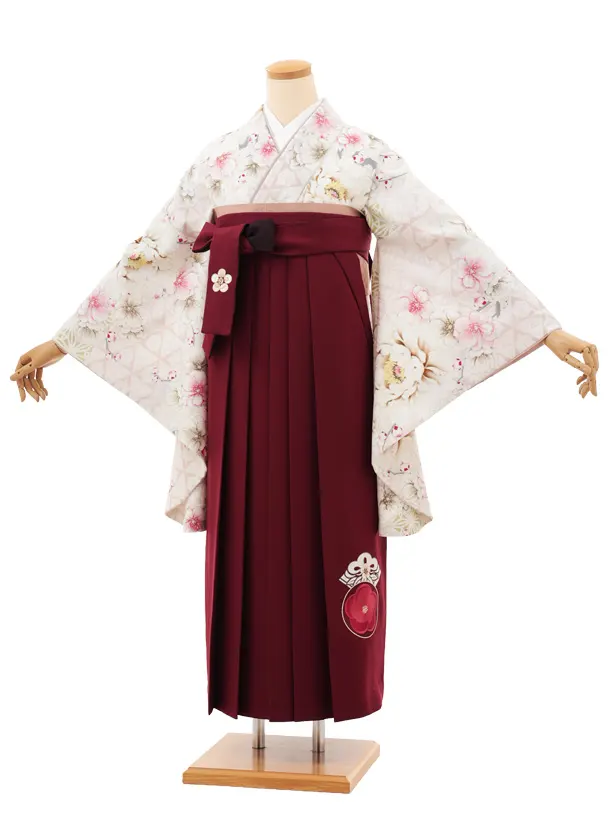卒業袴T101　JAPAN STYLE オフ白花×ボルドー