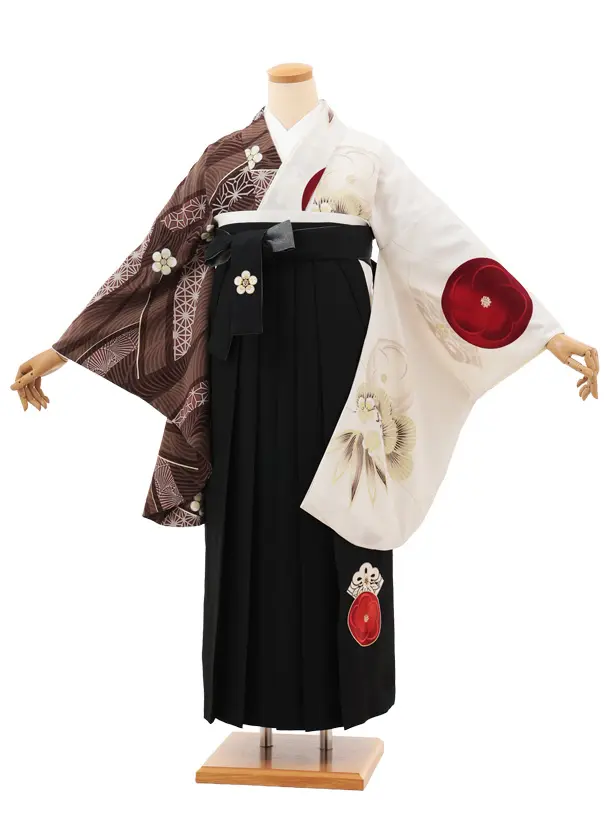 卒業袴T104　JAPAN STYLE 茶白片身替り梅椿×黒