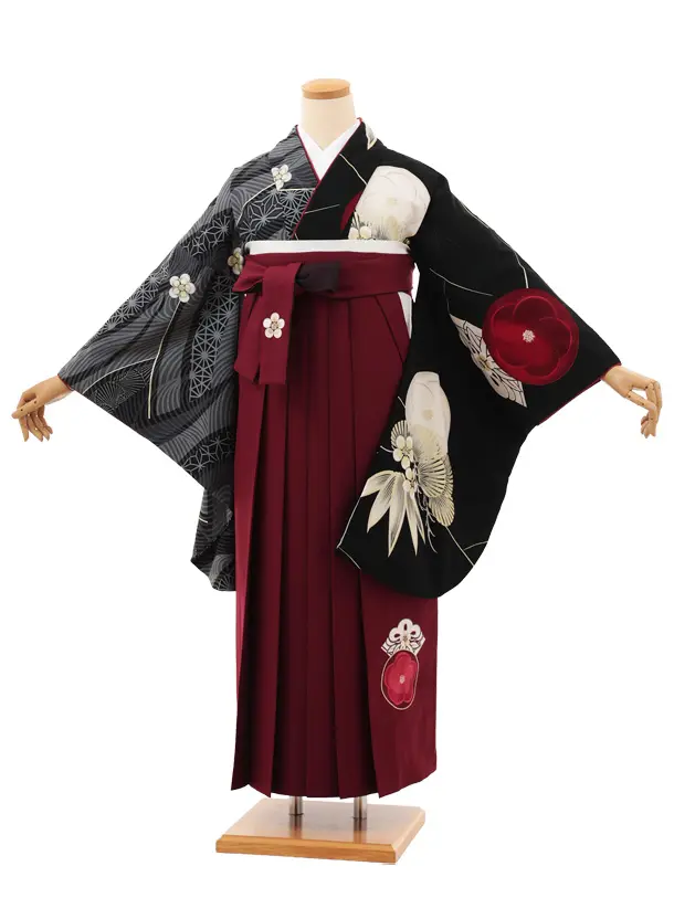 卒業袴T111　JAPAN STYLE 黒片身替り梅椿×ボルドー