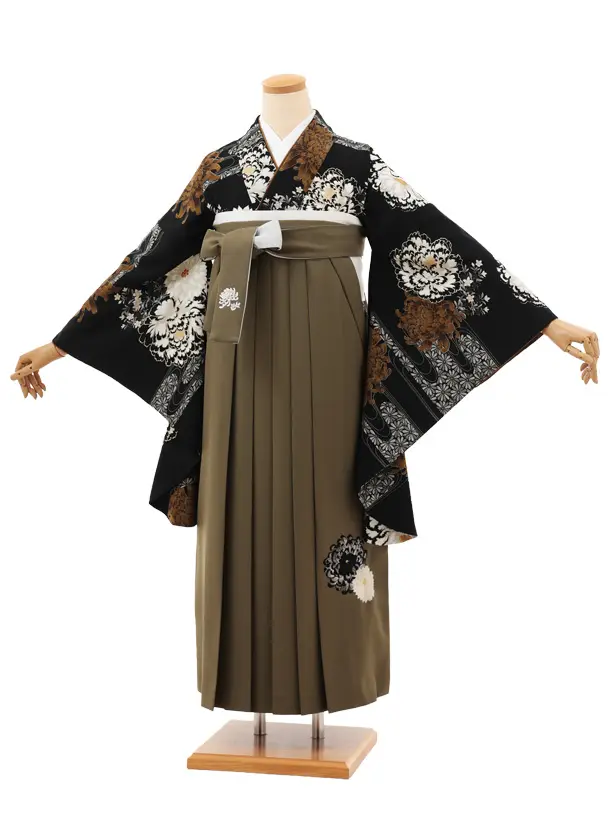卒業袴T114　紅一点 黒菊牡丹×モスグリーン