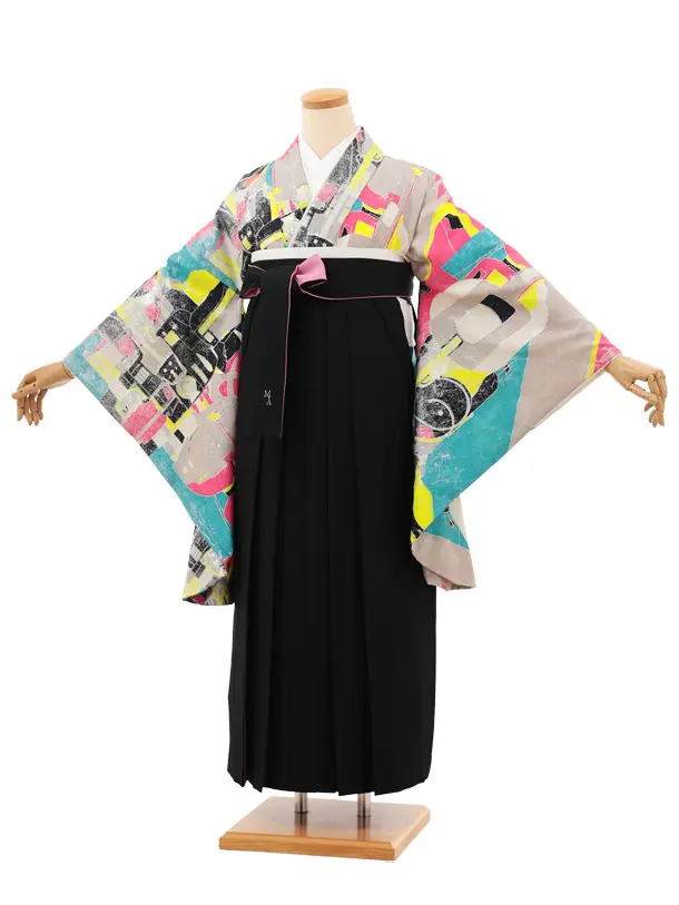 卒業袴T127　ﾓﾀﾞﾝｱﾝﾃﾅ 蛍光ピンクブルー未来計画×黒ピンク