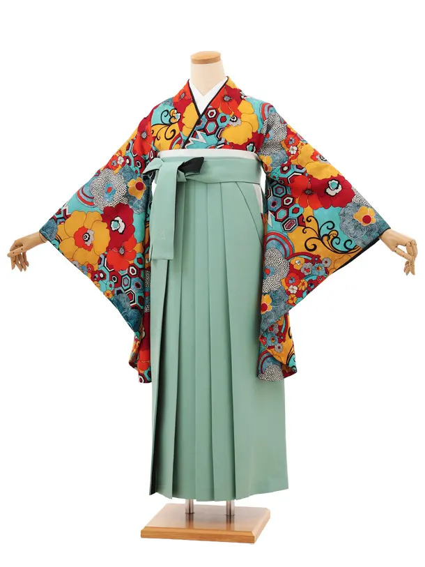 卒業袴T130　ﾓﾀﾞﾝｱﾝﾃﾅ 水色からしサイケデリックフラワー×ミント黒