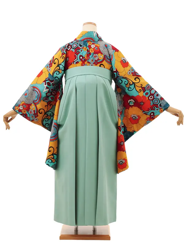 卒業袴T130　ﾓﾀﾞﾝｱﾝﾃﾅ 水色からしサイケデリックフラワー×ミント黒