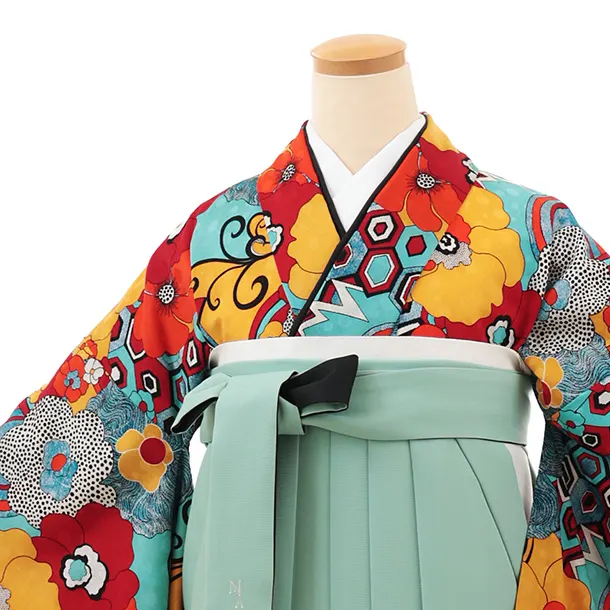 卒業袴T130　ﾓﾀﾞﾝｱﾝﾃﾅ 水色からしサイケデリックフラワー×ミント黒