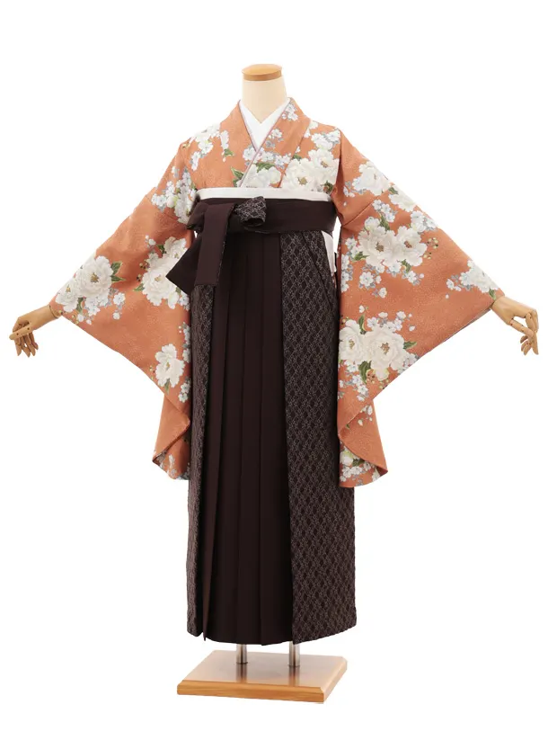 卒業袴T133　Heather アプリコット牡丹×ブラウンレース