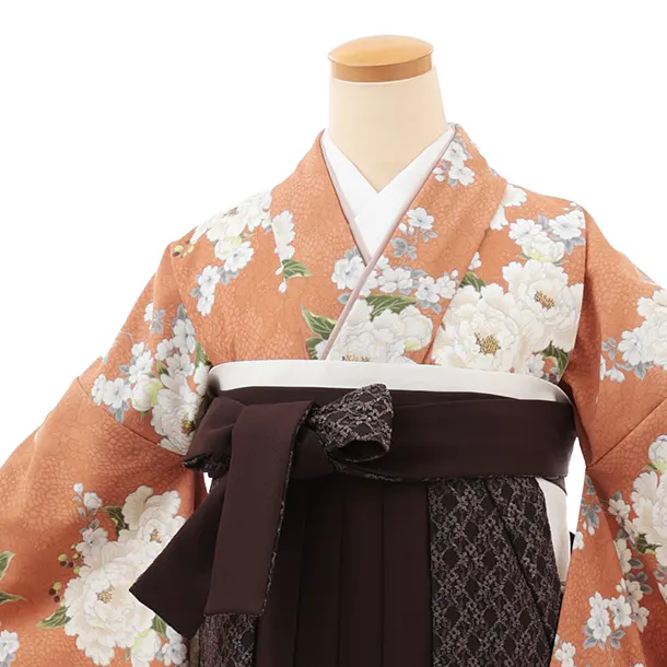 卒業袴T133　Heather アプリコット牡丹×ブラウンレース