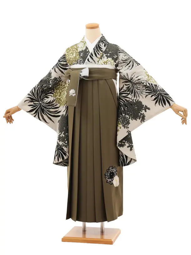 卒業袴T135　紅一点 ベージュグリーン乱菊×モスグリーン