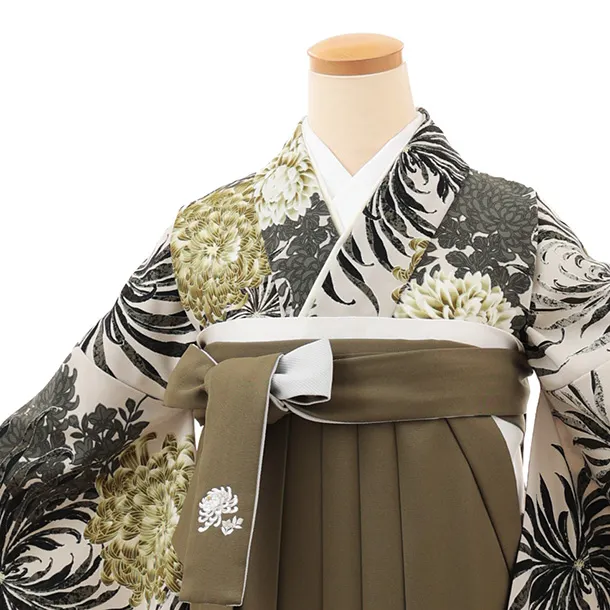 卒業袴T135　紅一点 ベージュグリーン乱菊×モスグリーン