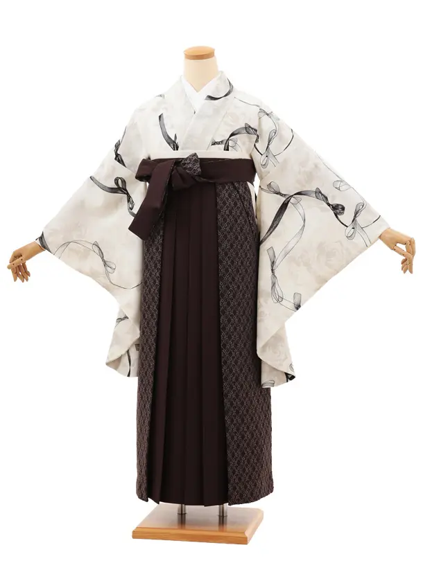 卒業袴T137　Heather オフホワイトリボン×ブラウンレース