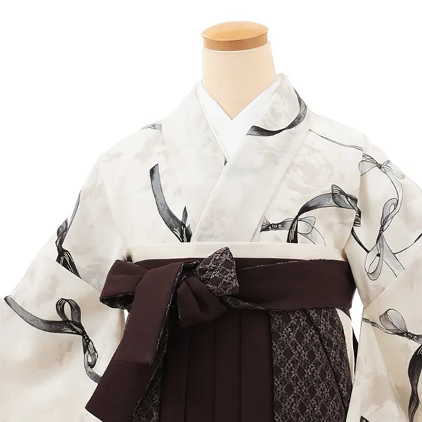 卒業袴T137　Heather オフホワイトリボン×ブラウンレース