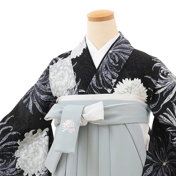 卒業袴T150　紅一点 チャコールグレー乱菊×ブルーグレー